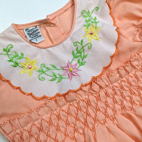 Vintage Tropical Fashions Dress Baby Girls Sz 12m Orange Peach Smocked Boho - Picture 2 of 4